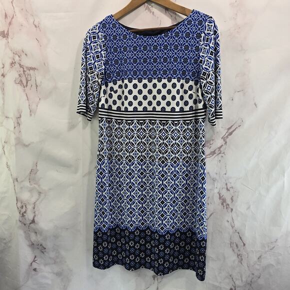 Eliza J Dress Women 6 Small Blue White Shift Geometric Floral Half Sleeve Mini - Picture 1 of 11